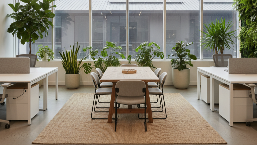 Energy-efficient privacy window film reducing glare and improving sustainability in a commercial office building.