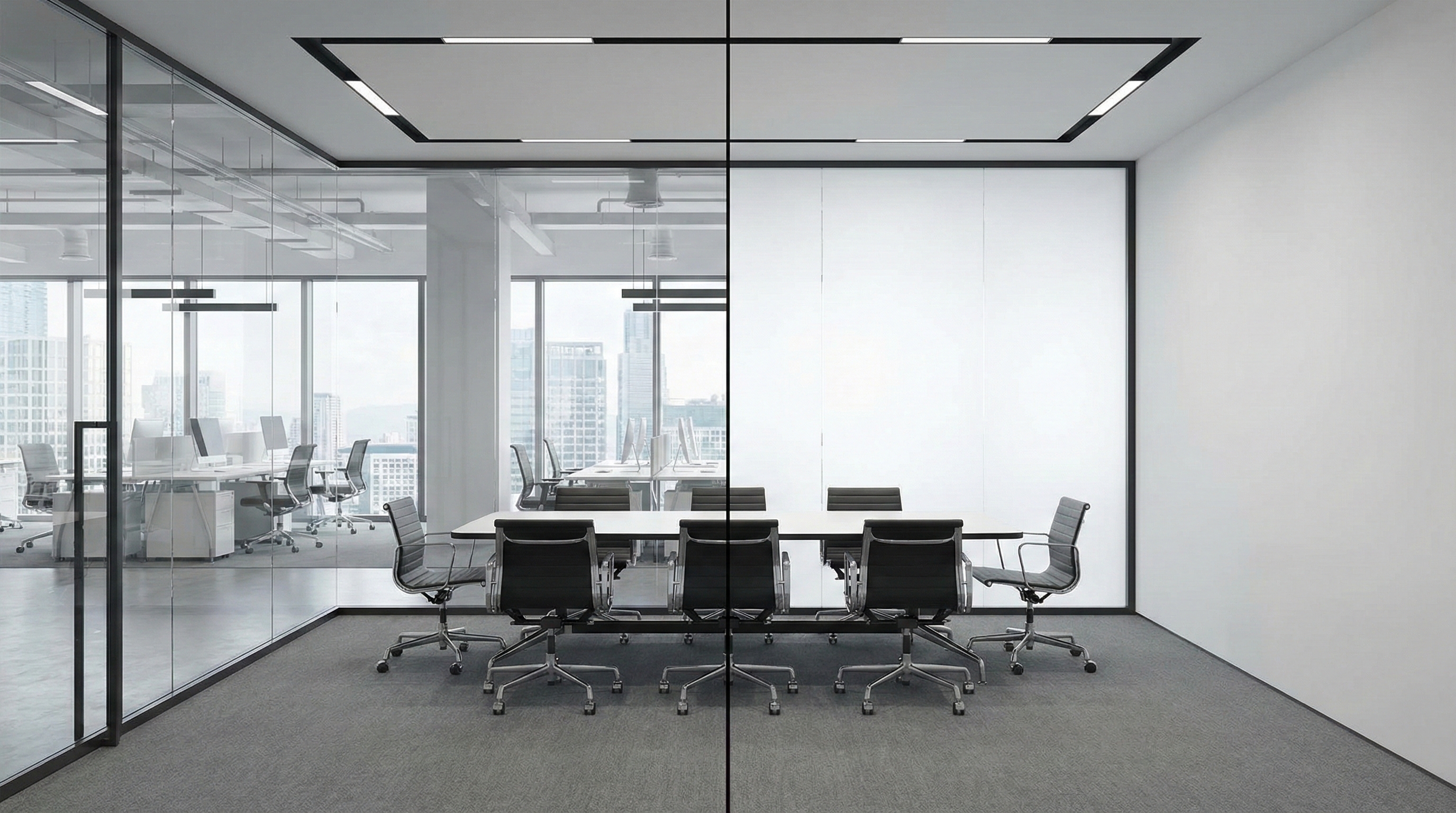 Switchable smart privacy film changing from clear to opaque on conference room glass