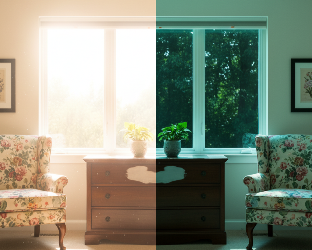 Before and after comparison of a bedroom with and without tinted window film