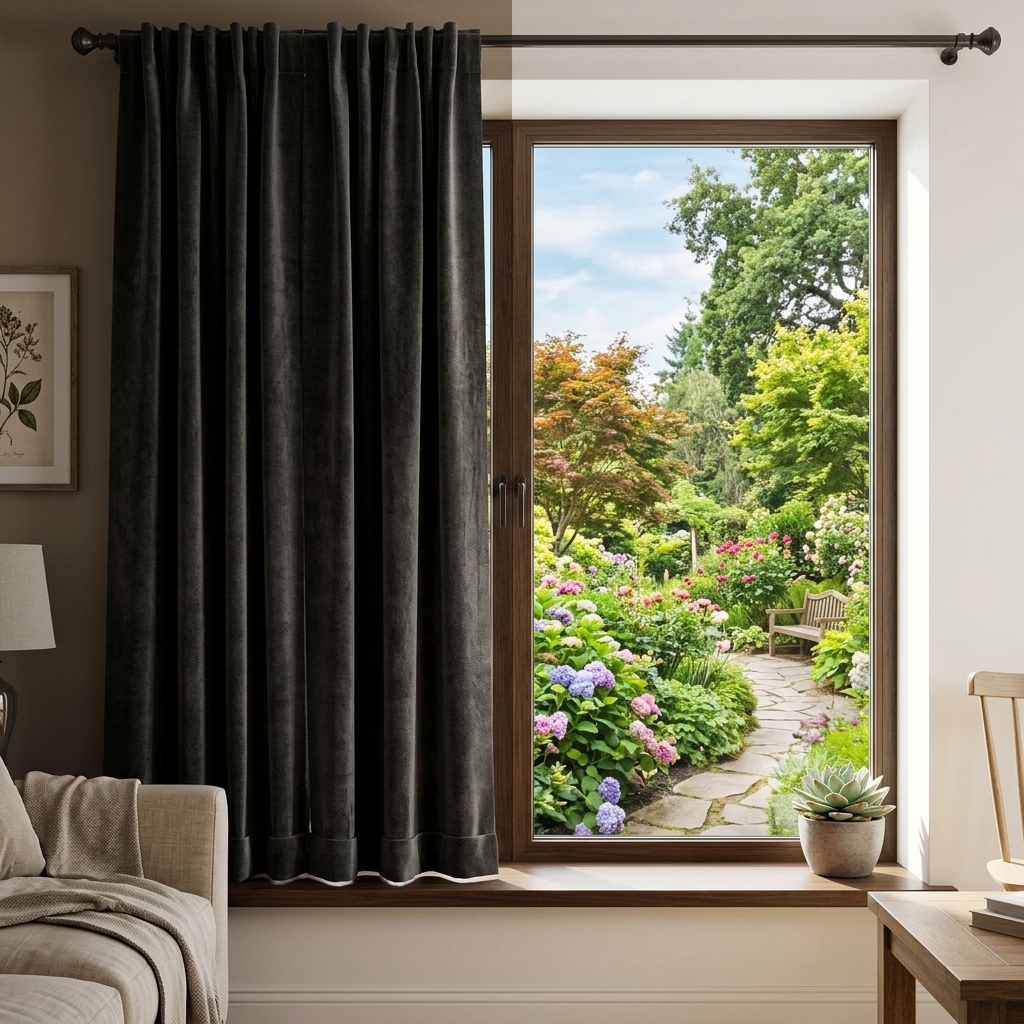 Comparison of heavy blackout curtains darkening a room versus clear window film preserving bright natural light and views.
