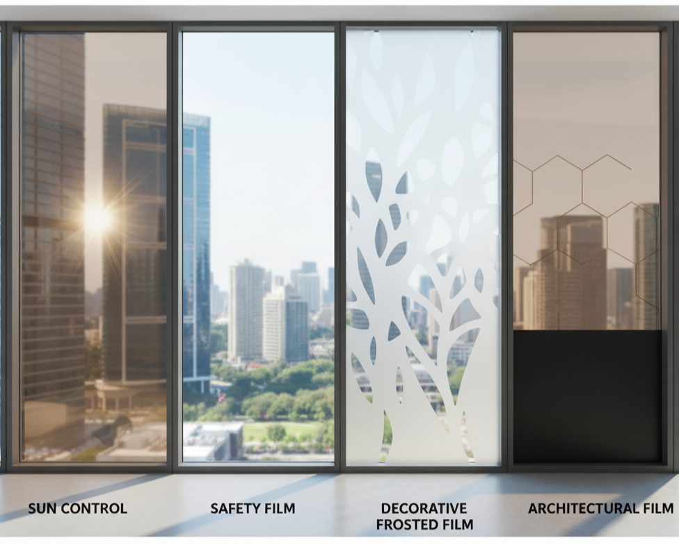 Types of 3M window films including sun control, safety, decorative, and architectural designs