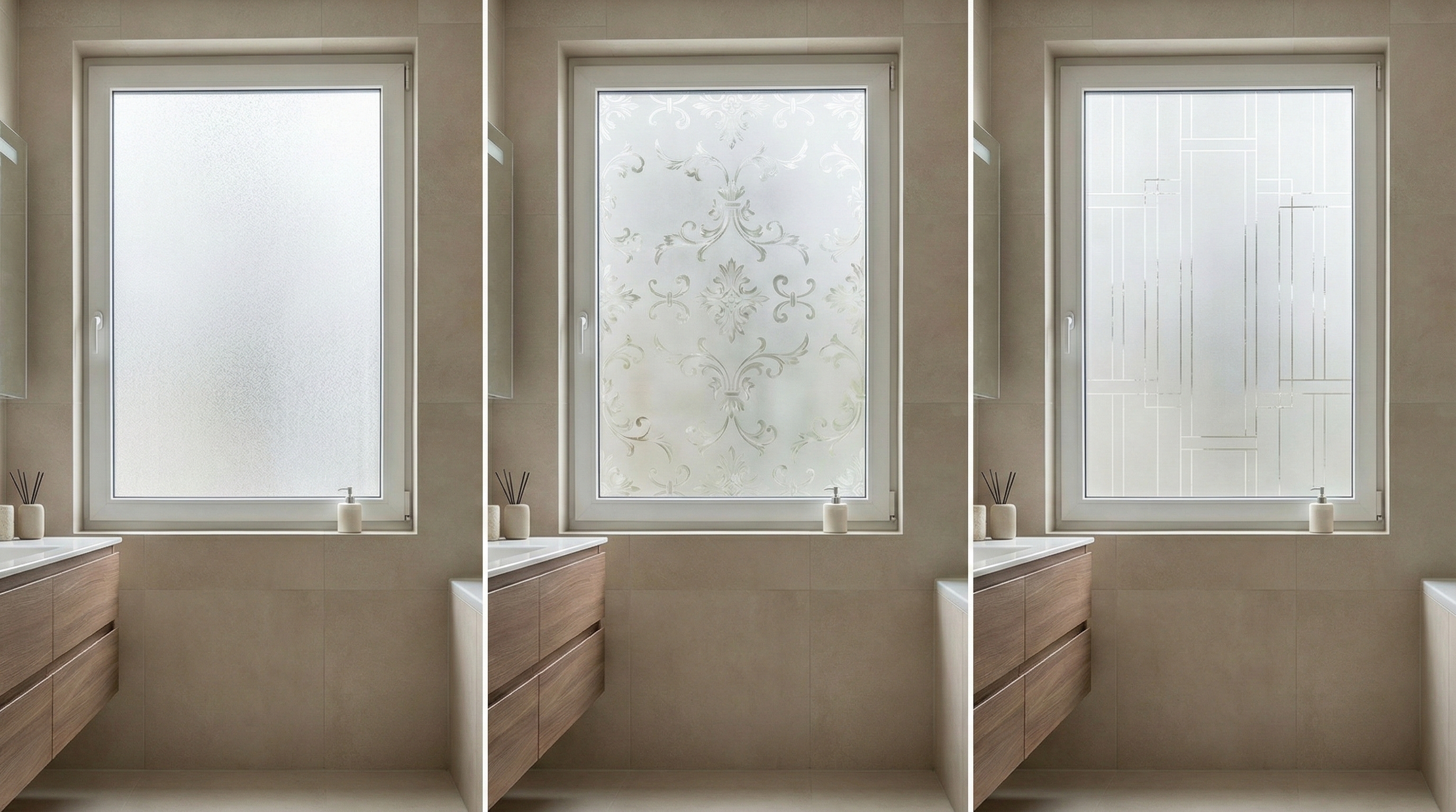 Comparison of frosted, etched, and decorative privacy window film for bathrooms