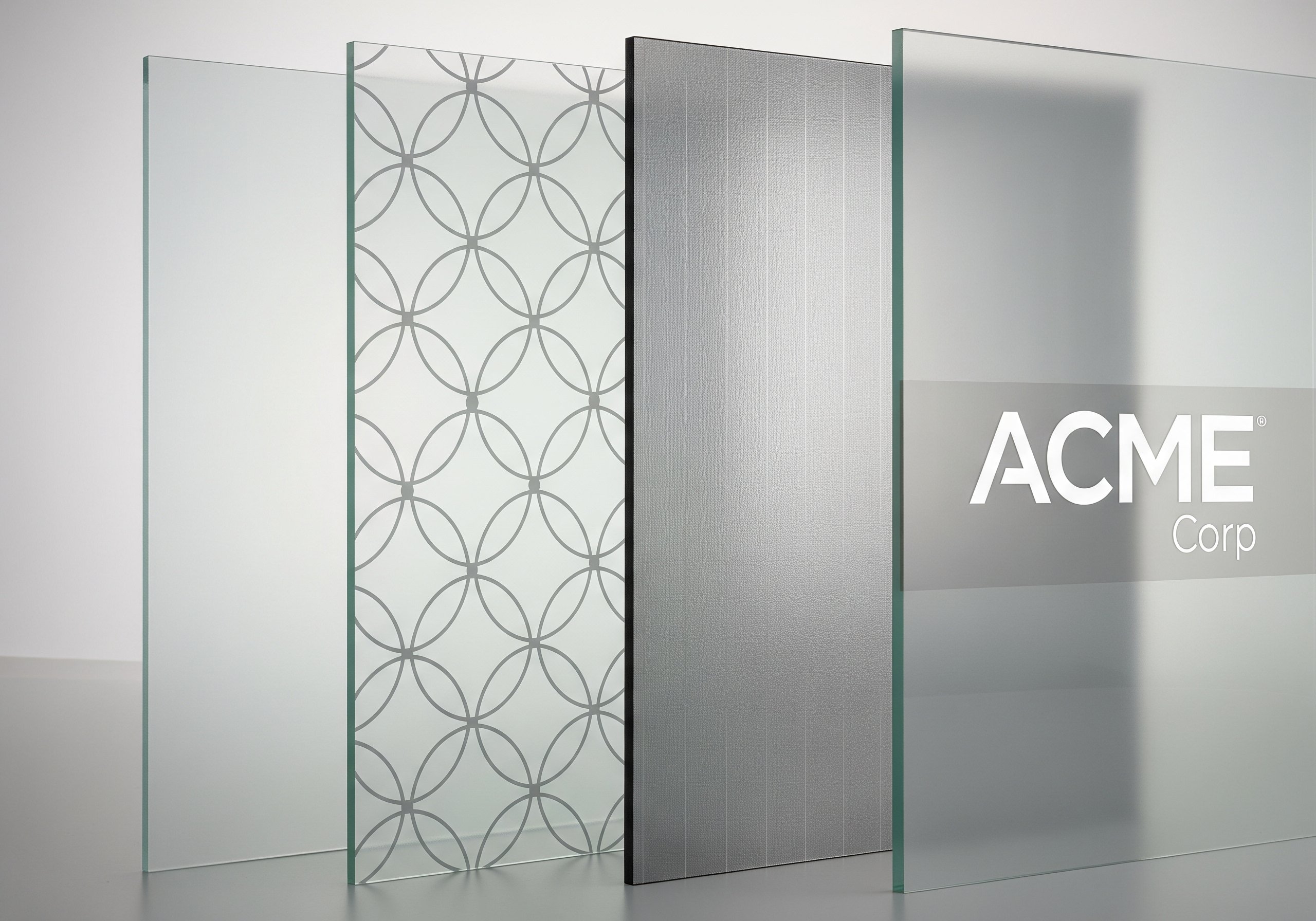 Display of commercial decorative films including frosted, patterned, solar-control, and branded window film styles