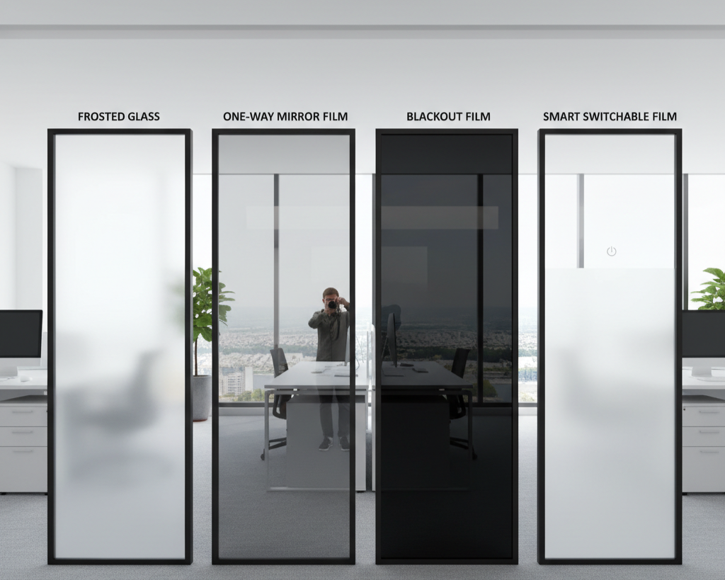 Comparison of frosted, one-way, blackout, and smart privacy window films in an office.