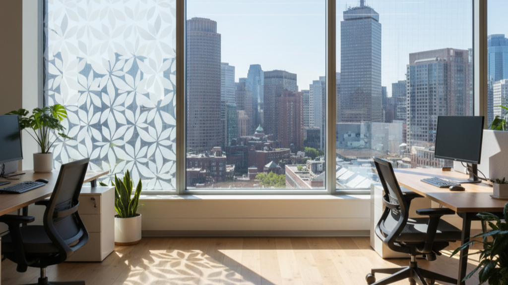 Boston office interior displaying solar control, decorative, and security window film options.