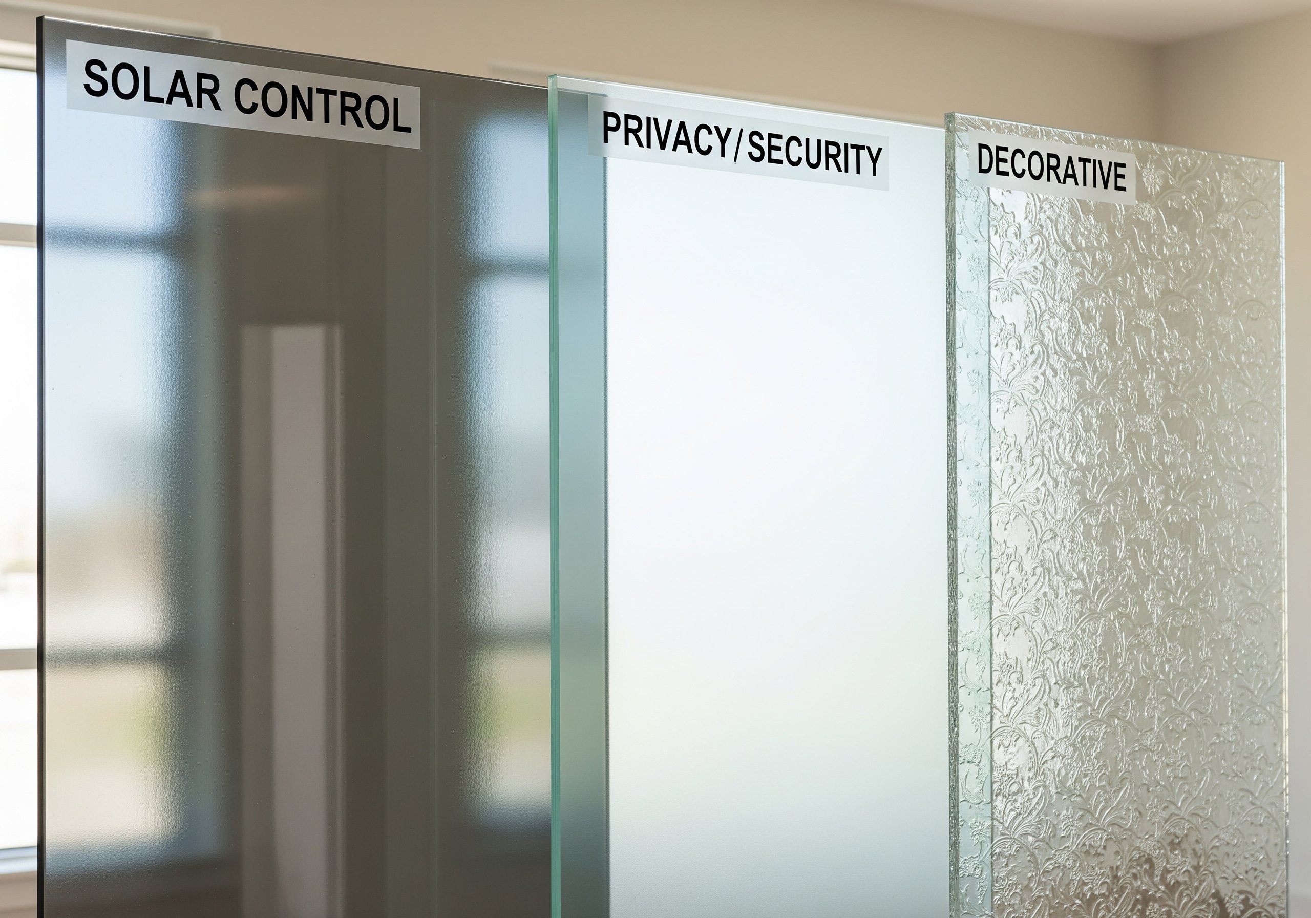 Types of commercial window films including solar control, privacy, and decorative options