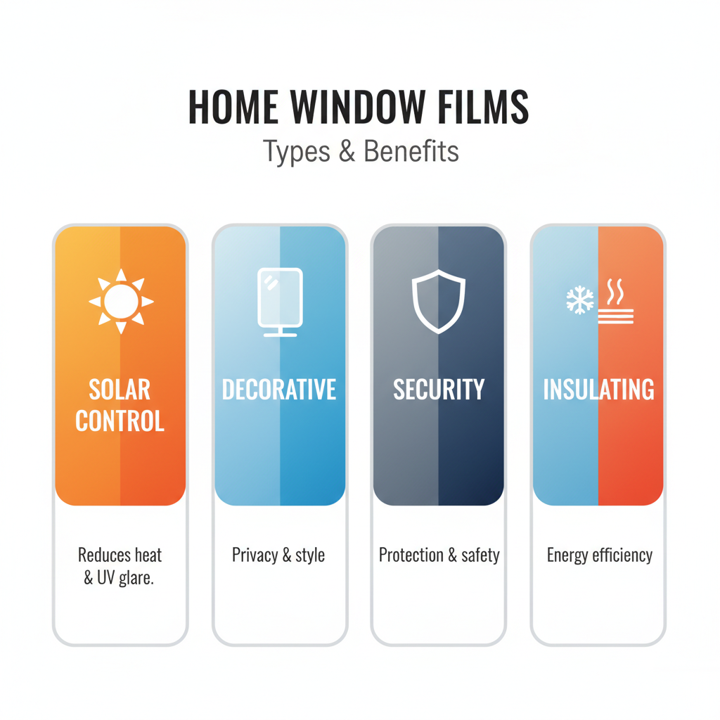 Infographic showing types of home window films including solar, decorative, security, and insulating films.