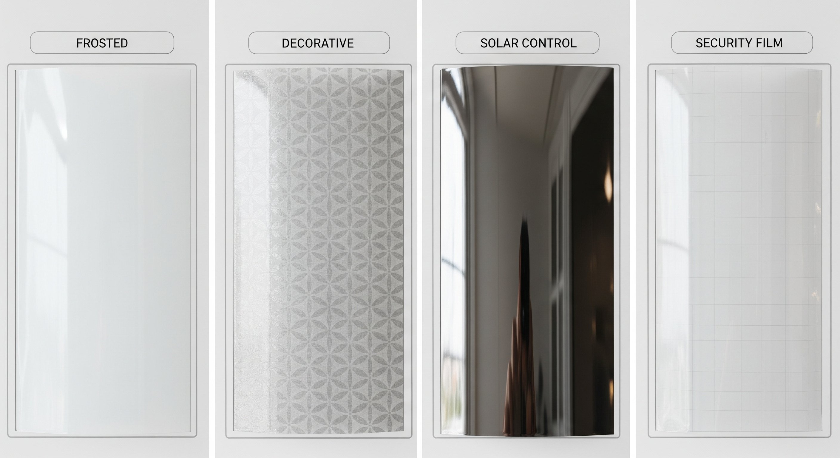 Different types of office window tinting films including decorative, solar, and security options