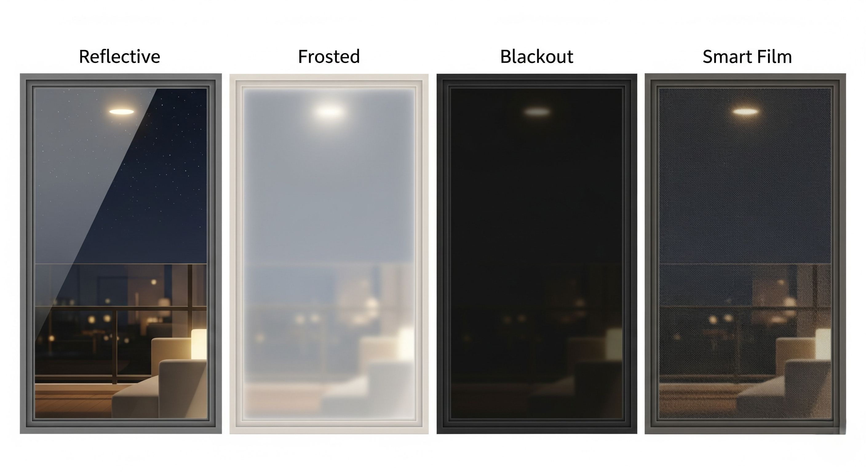 Reflective, frosted, blackout, and smart window films compared for nighttime privacy