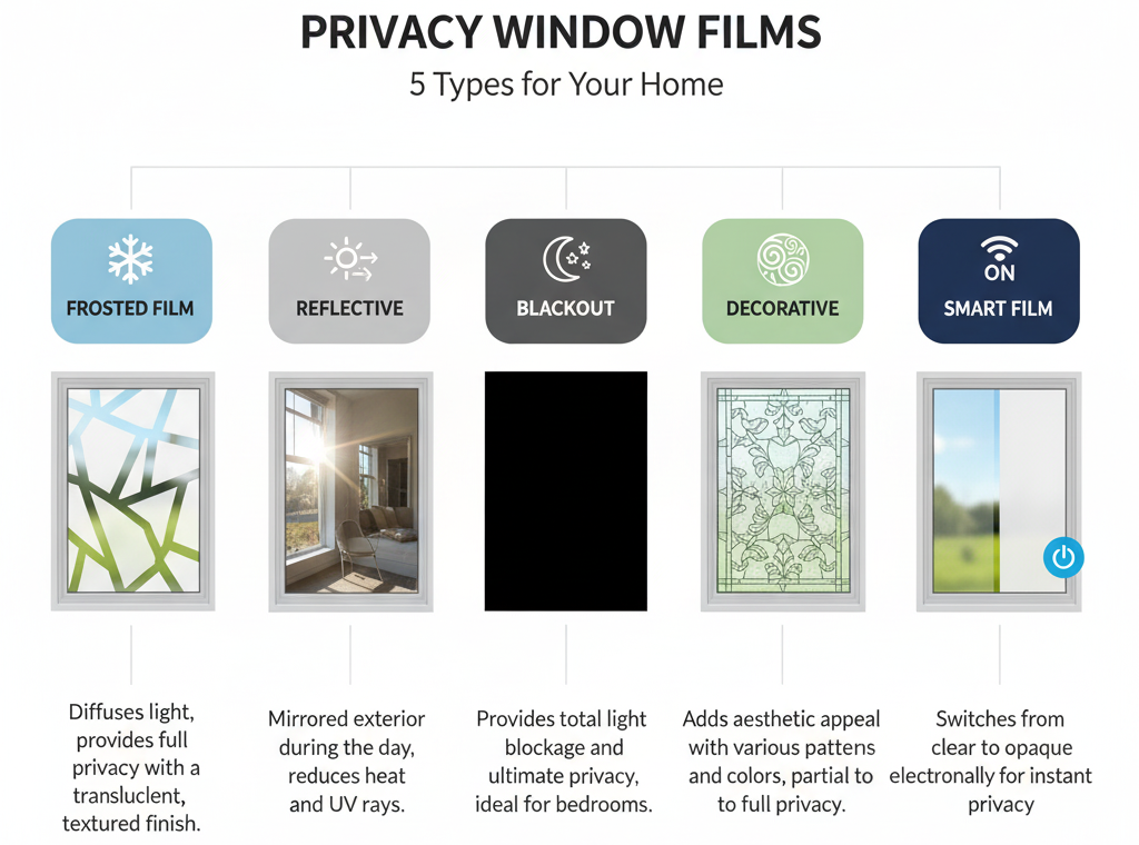 Infographic showing different types of privacy window films: frosted, reflective, blackout, decorative, and smart film