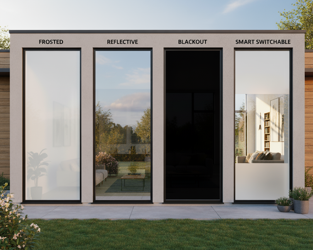 Comparison of frosted, reflective, blackout, and smart residential privacy window films on glass panels