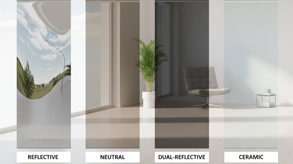 Comparison of reflective, neutral, dual-reflective, and ceramic solar window films showing appearance and light transmission differences