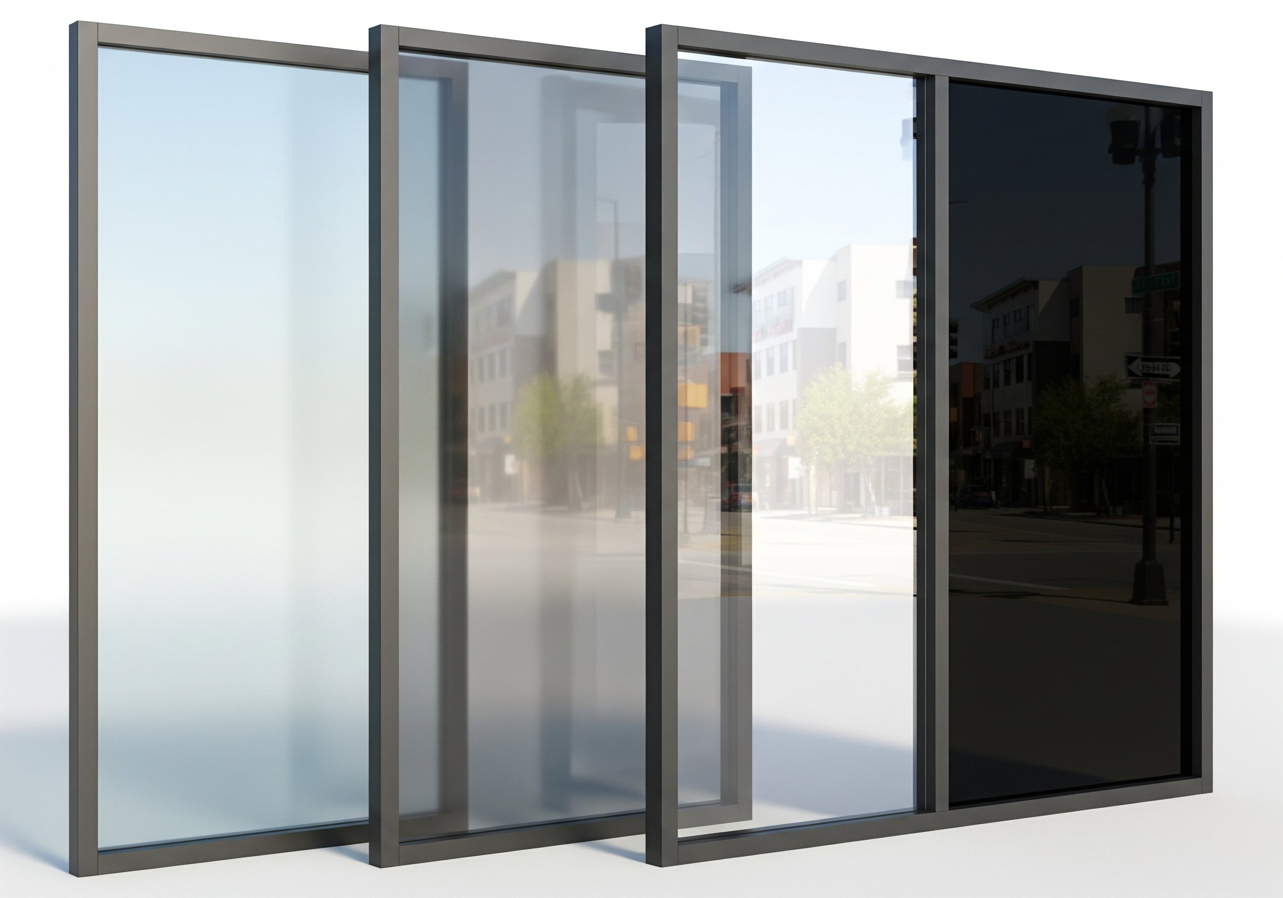 Types of storefront window film including frosted, solar, security, and privacy films.