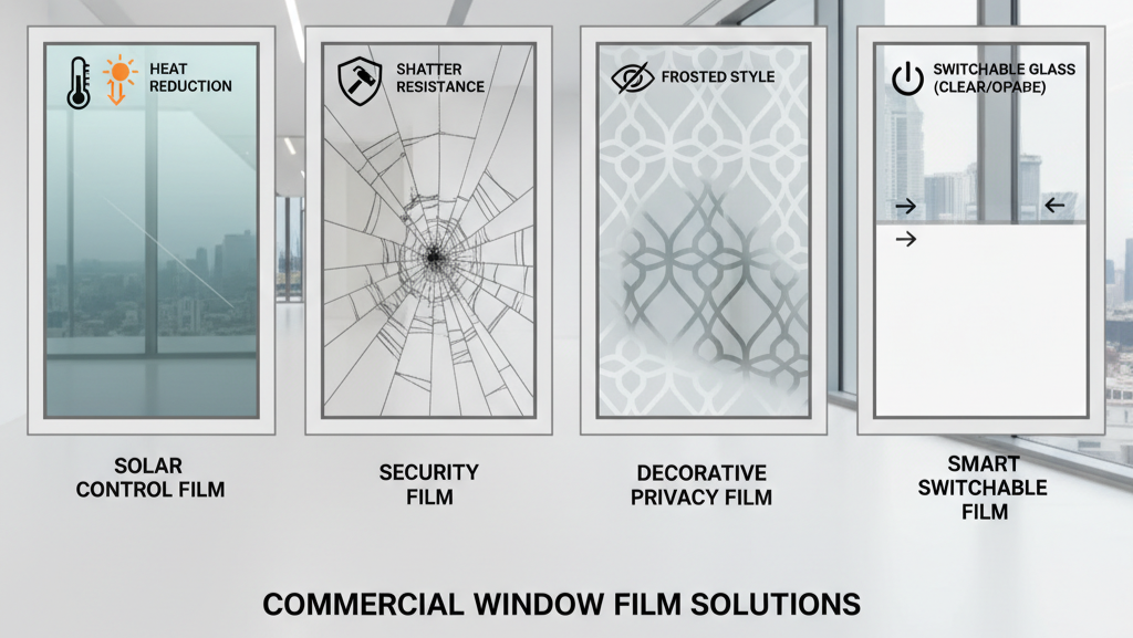Different types of commercial window film including solar, security, decorative, and smart glass solutions.