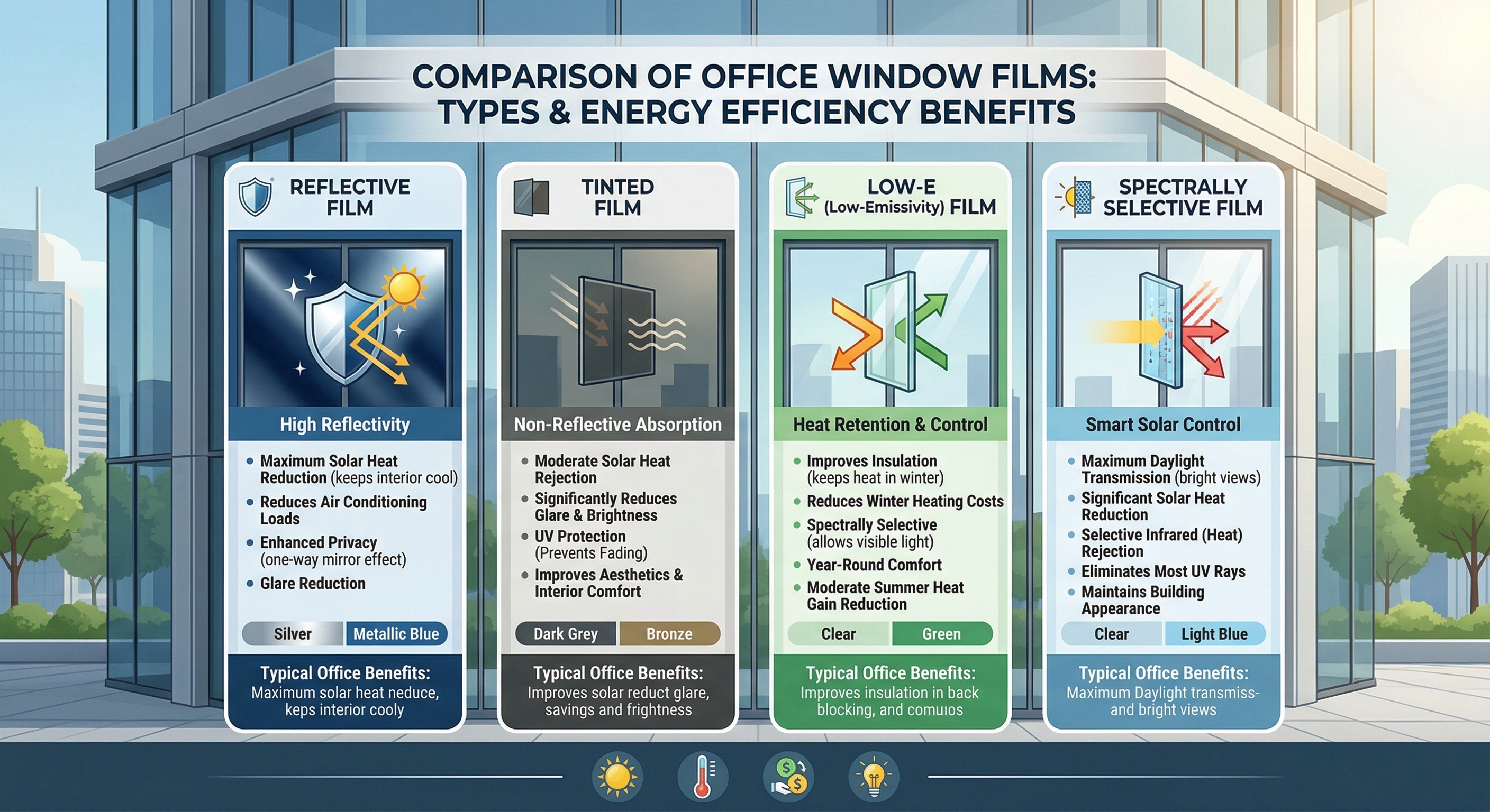 Infographic showing types of window films and their energy efficiency benefits for offices