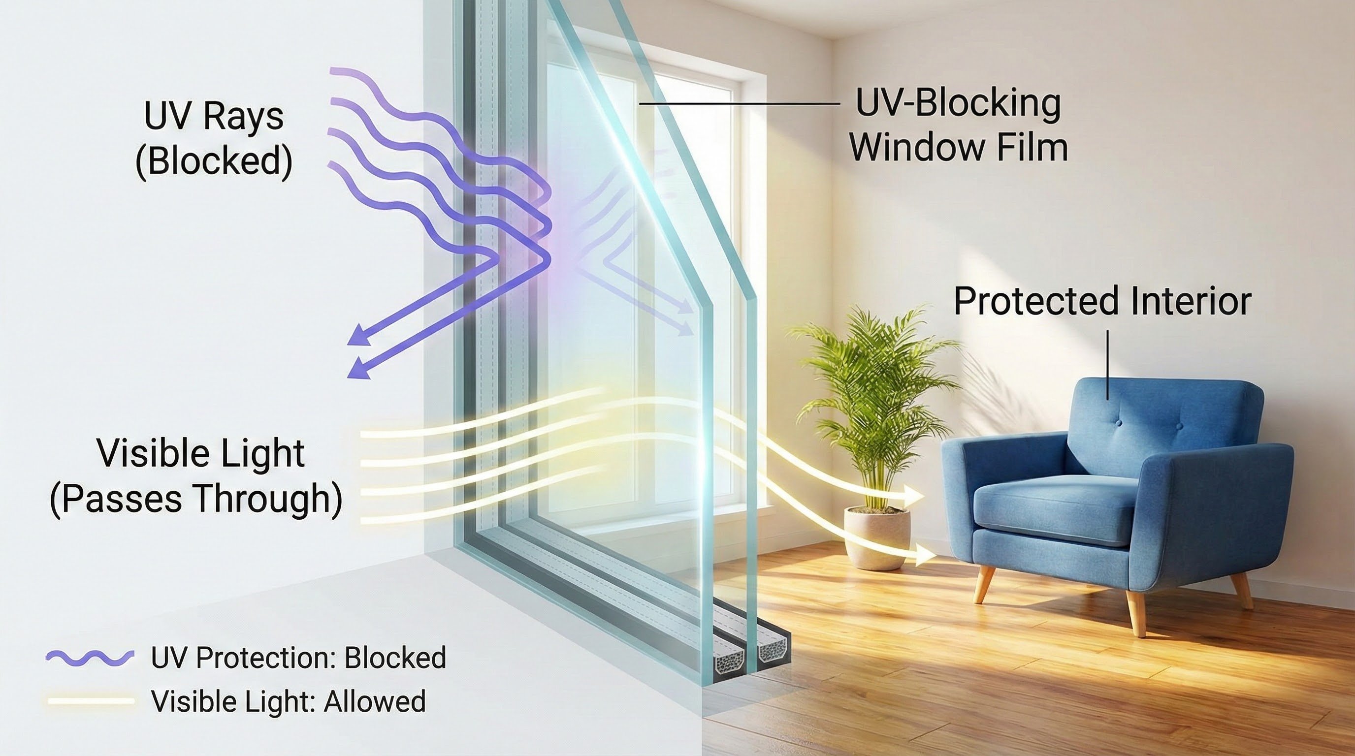 UV blocking window film preventing fading of interior floors and furniture