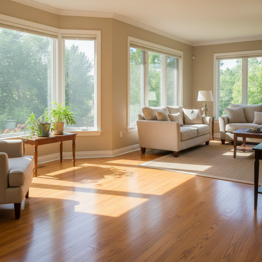 Hardwood floor protected from UV damage by window film