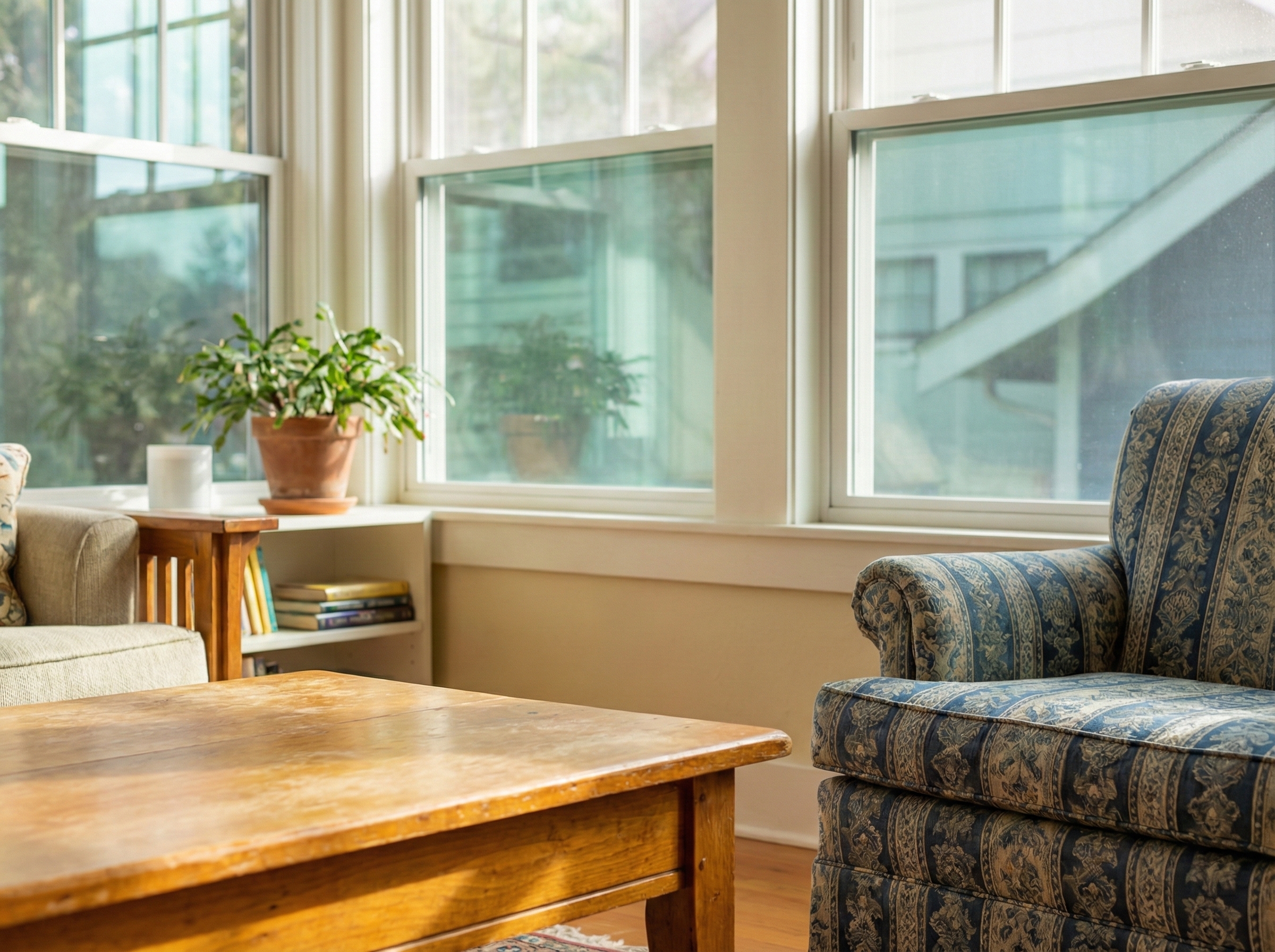Wooden furniture and fabric upholstery protected from UV sunlight by window film