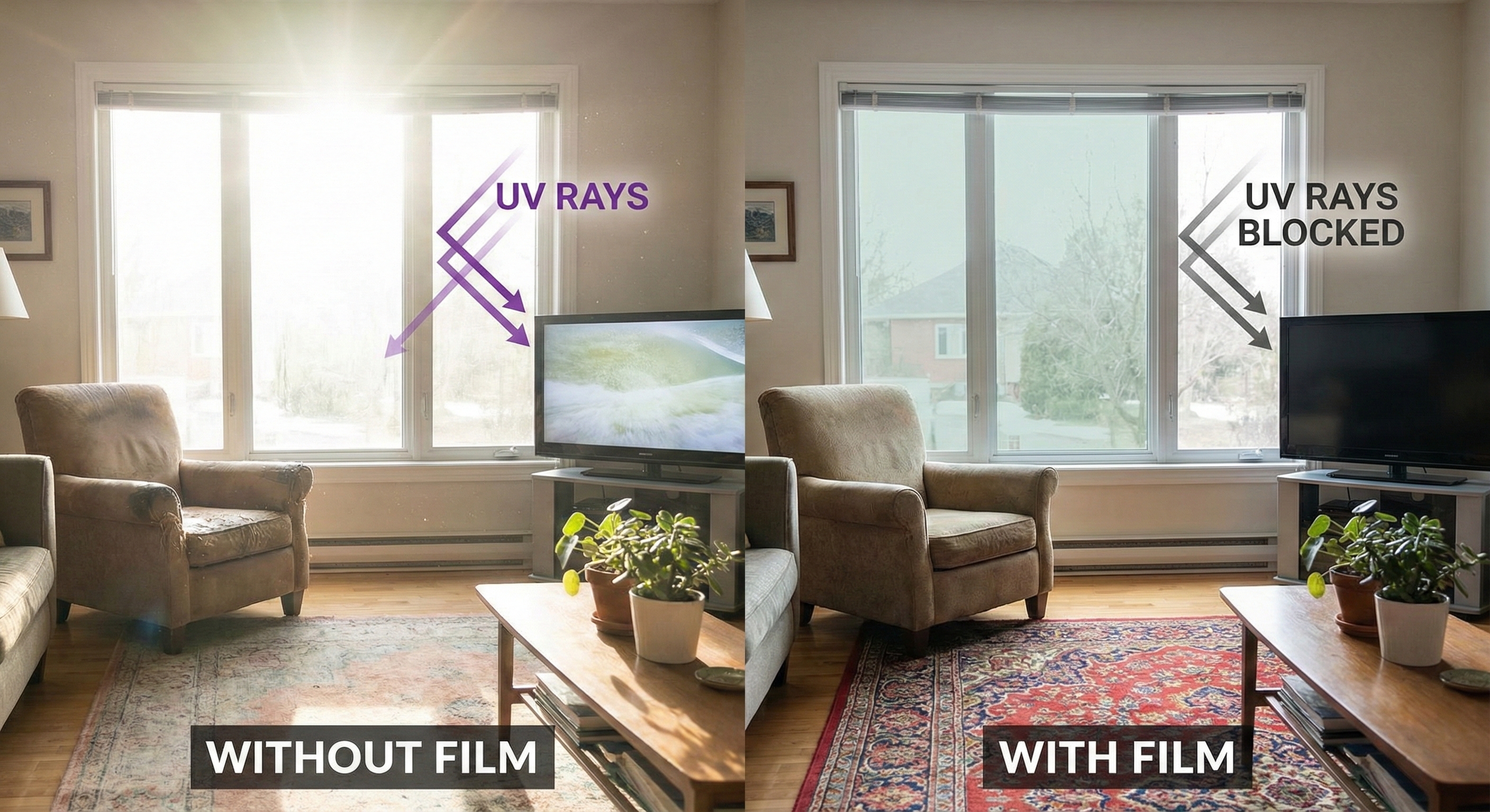 Example of UV protection and glare reduction using window film in a home living room.
