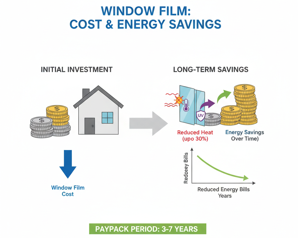 Infographic showing cost savings and energy efficiency benefits of residential privacy window film