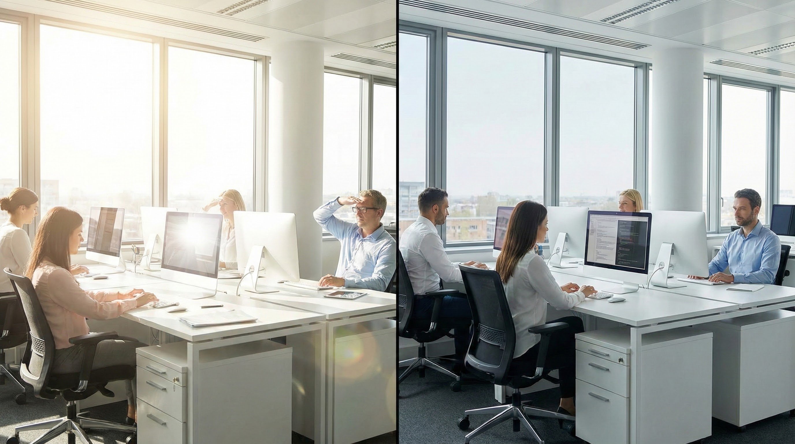 Comparison showing how window film reduces glare on computer screens