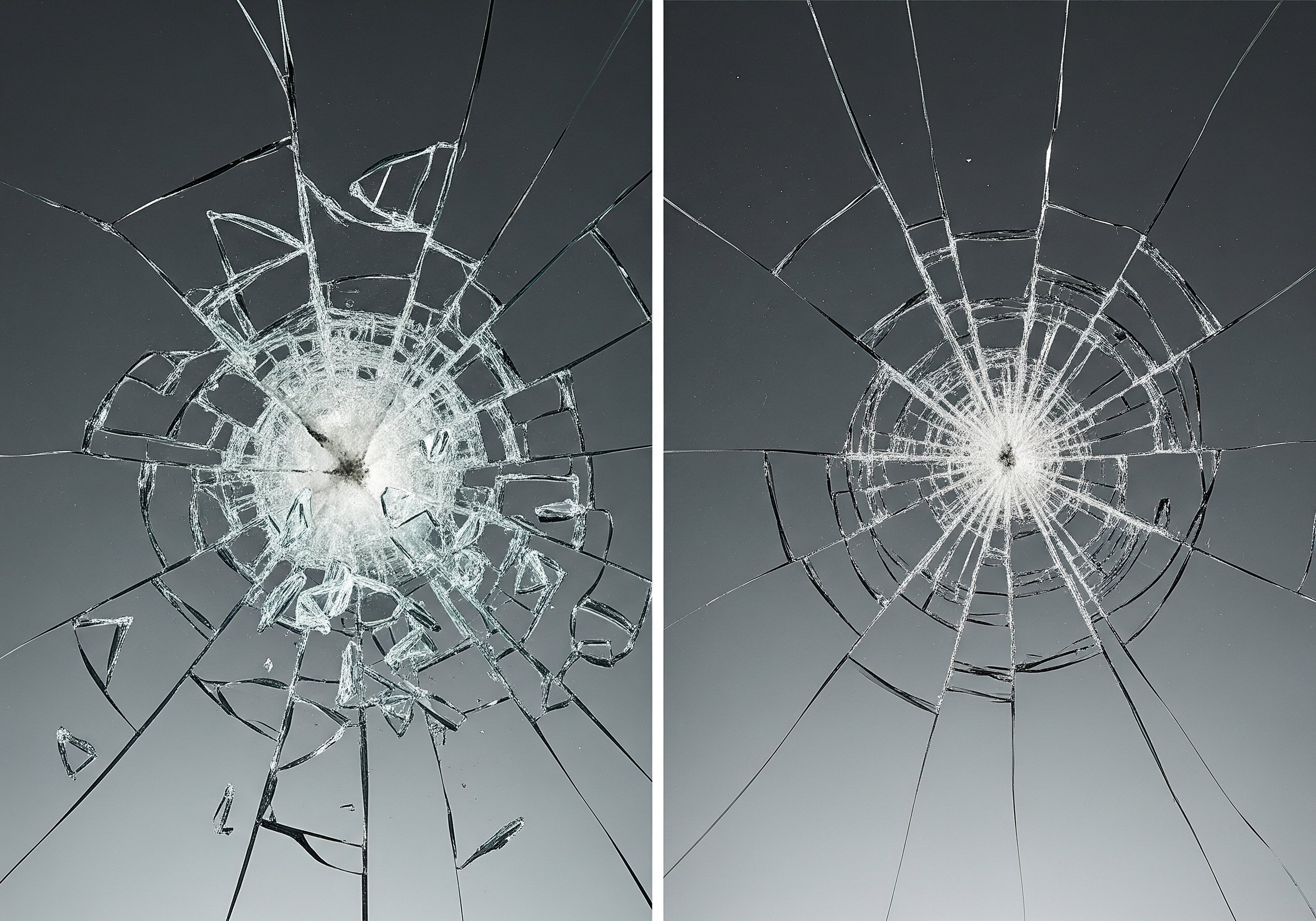 Comparison of shattered standard glass versus protected glass with commercial security film