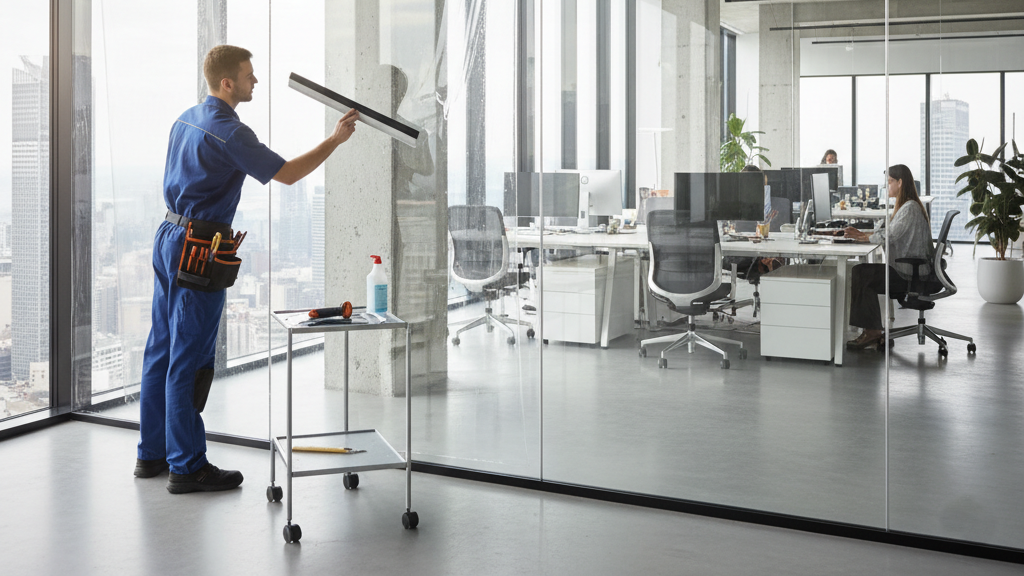 Professional installation of commercial window film on large office glass windows