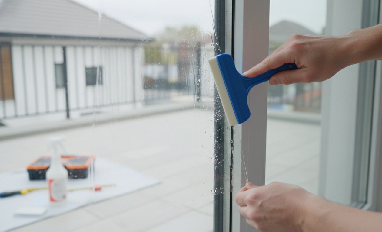 Installing window film on a home window with a squeegee