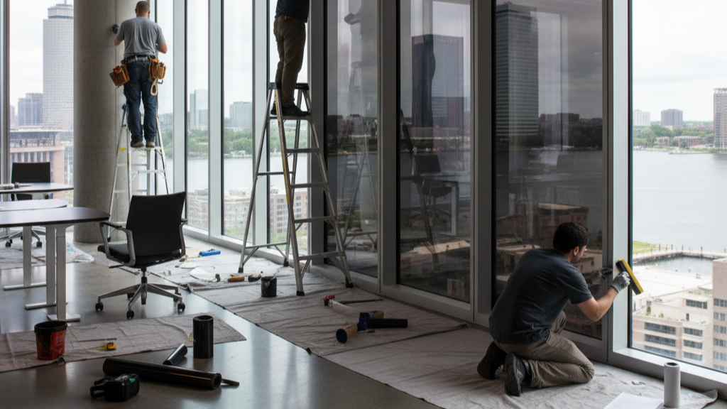 Technicians installing commercial window tint in a Boston office with professional tools.
