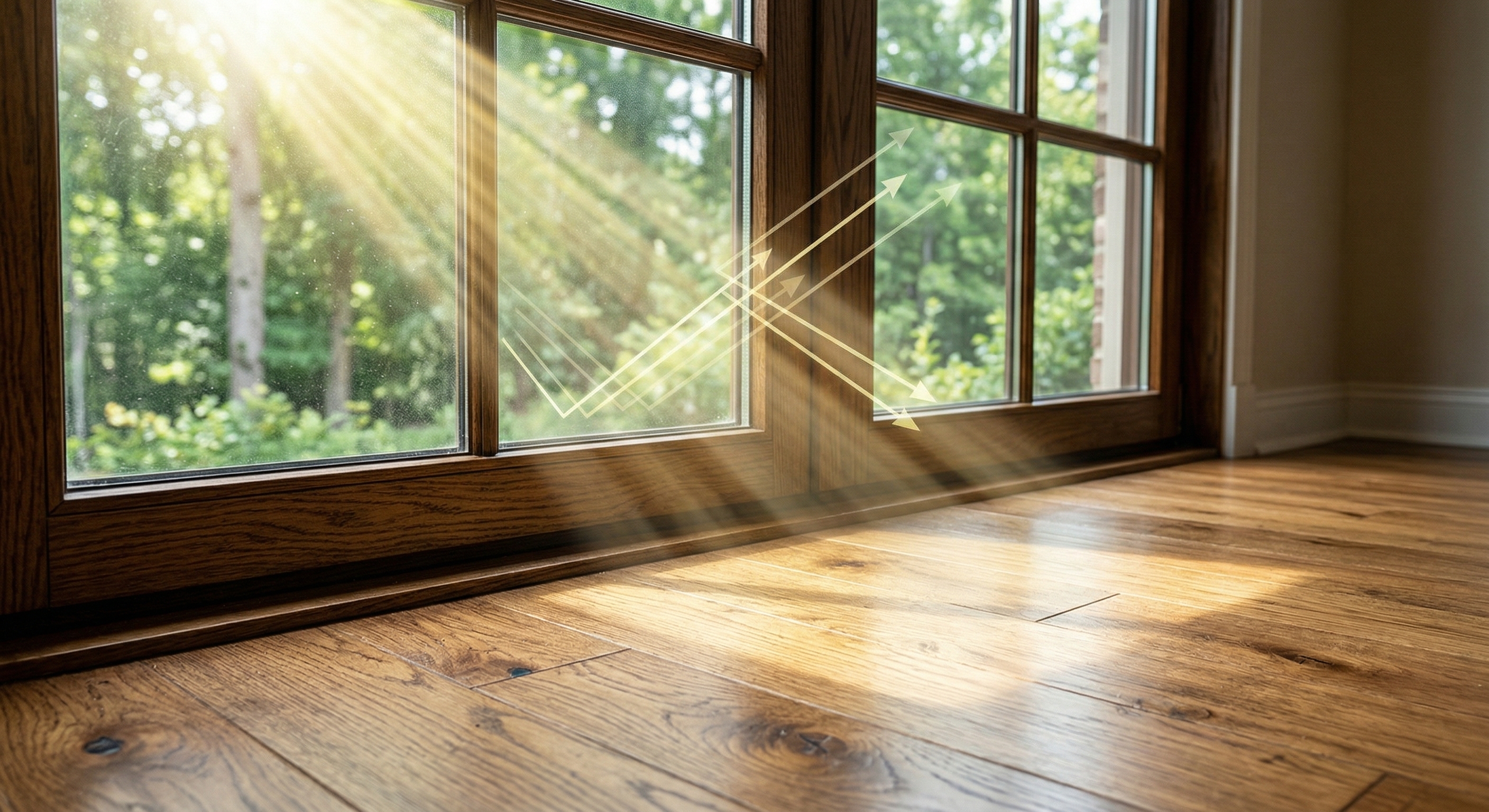 Close-up of window film filtering sunlight to protect hardwood floors