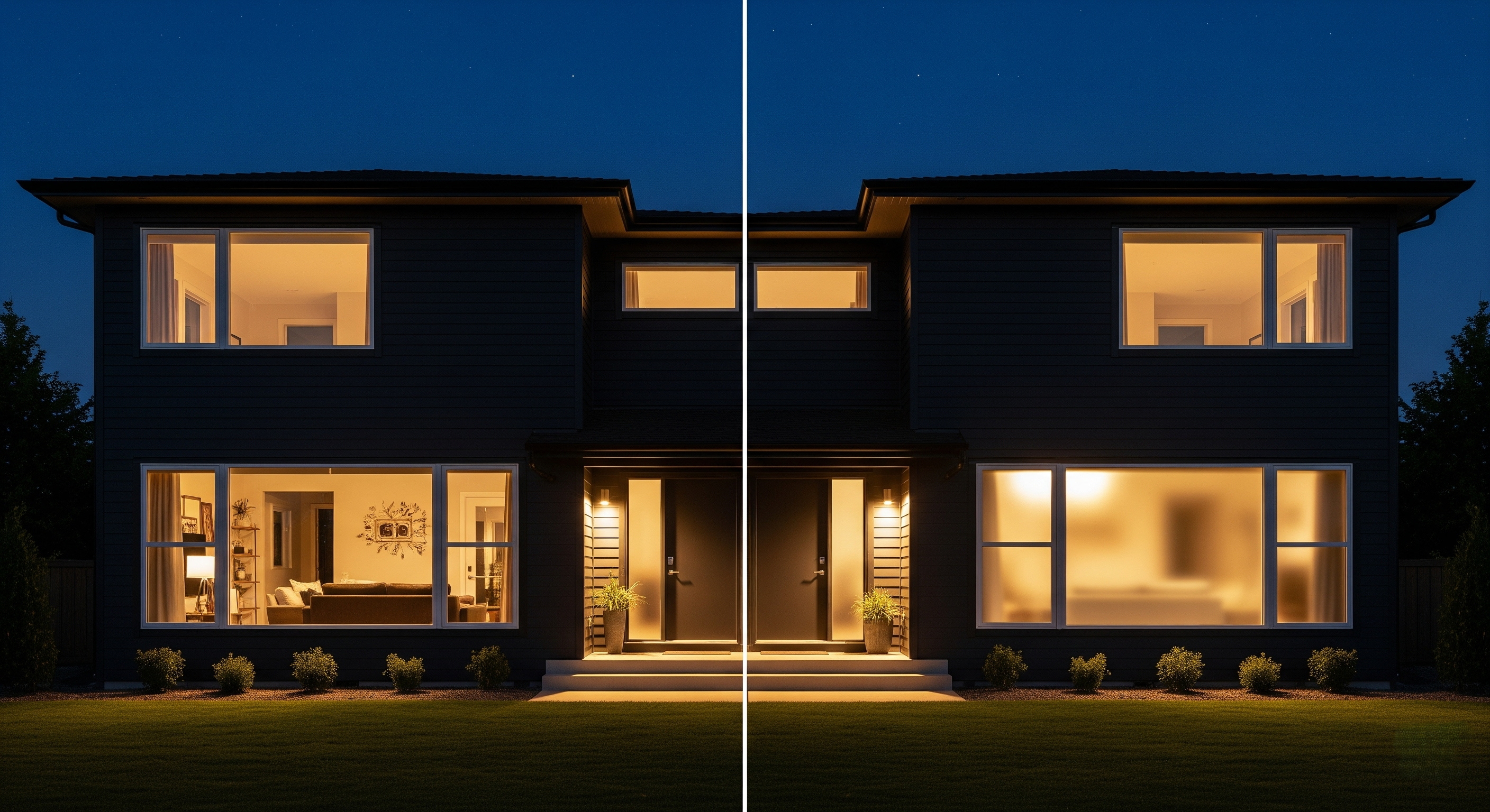 Comparison of clear vs tinted home windows at night for privacy