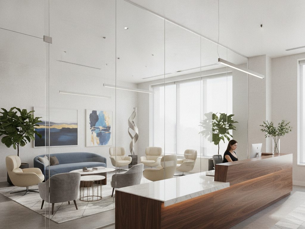 Clear glass meeting-room wall in a Bellevue, Washington office tower before decorative film
