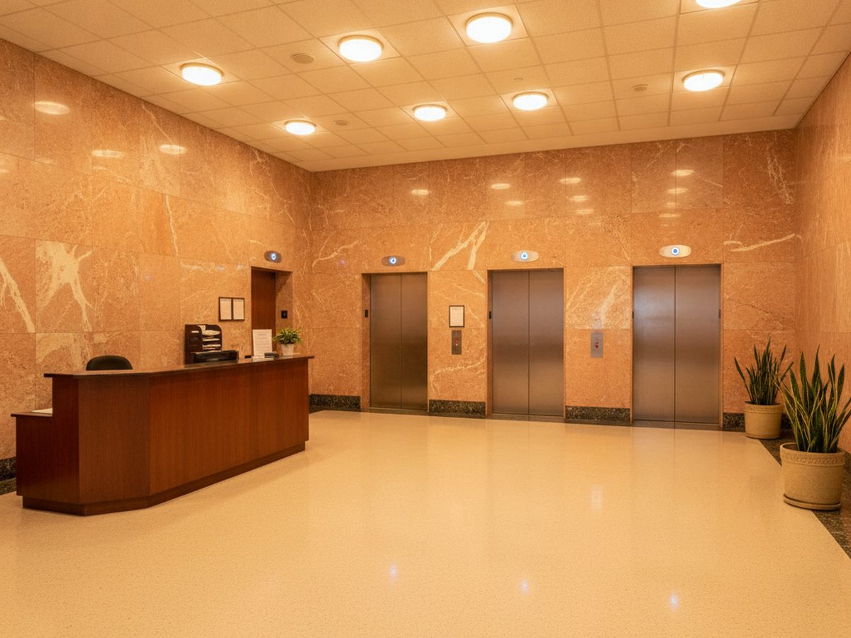 Dated reception wall panels in Bellevue, WA before 3M DI-NOC architectural film