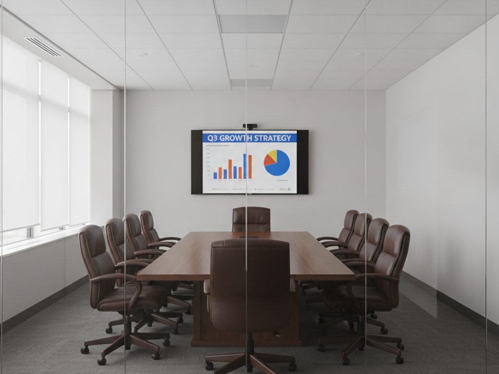 Before: screens inside a glass-walled office are readable from outside