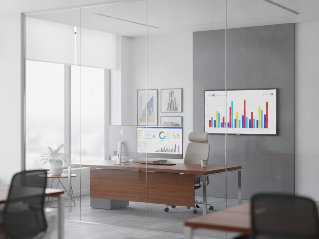 Before: screens inside a glass-walled office are readable from outside
