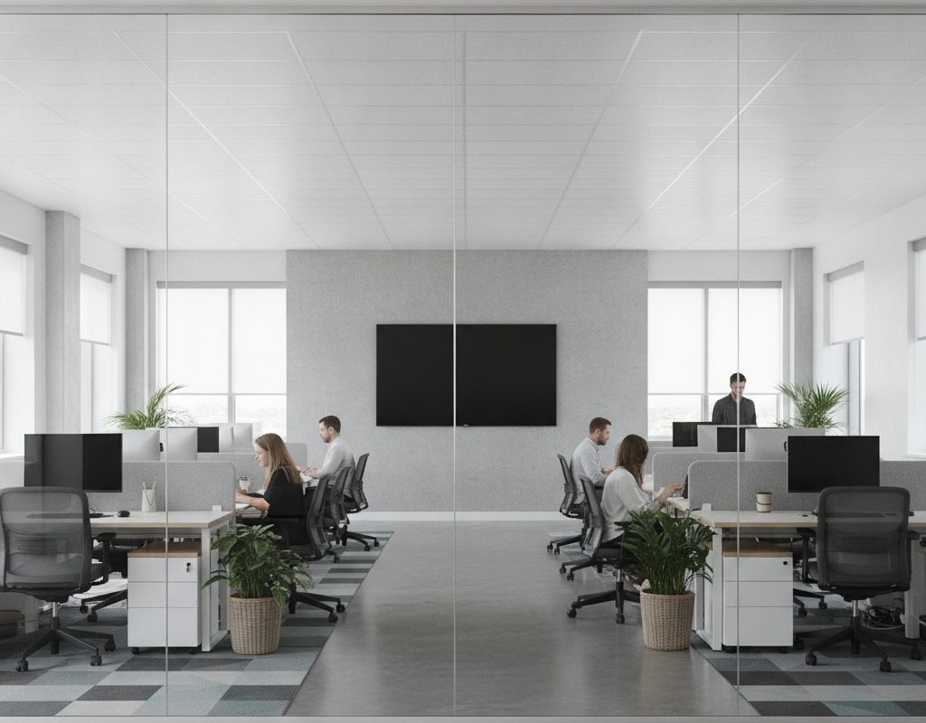 Nano cloaking film making office monitors appear black from a corridor in Bellevue, Washington