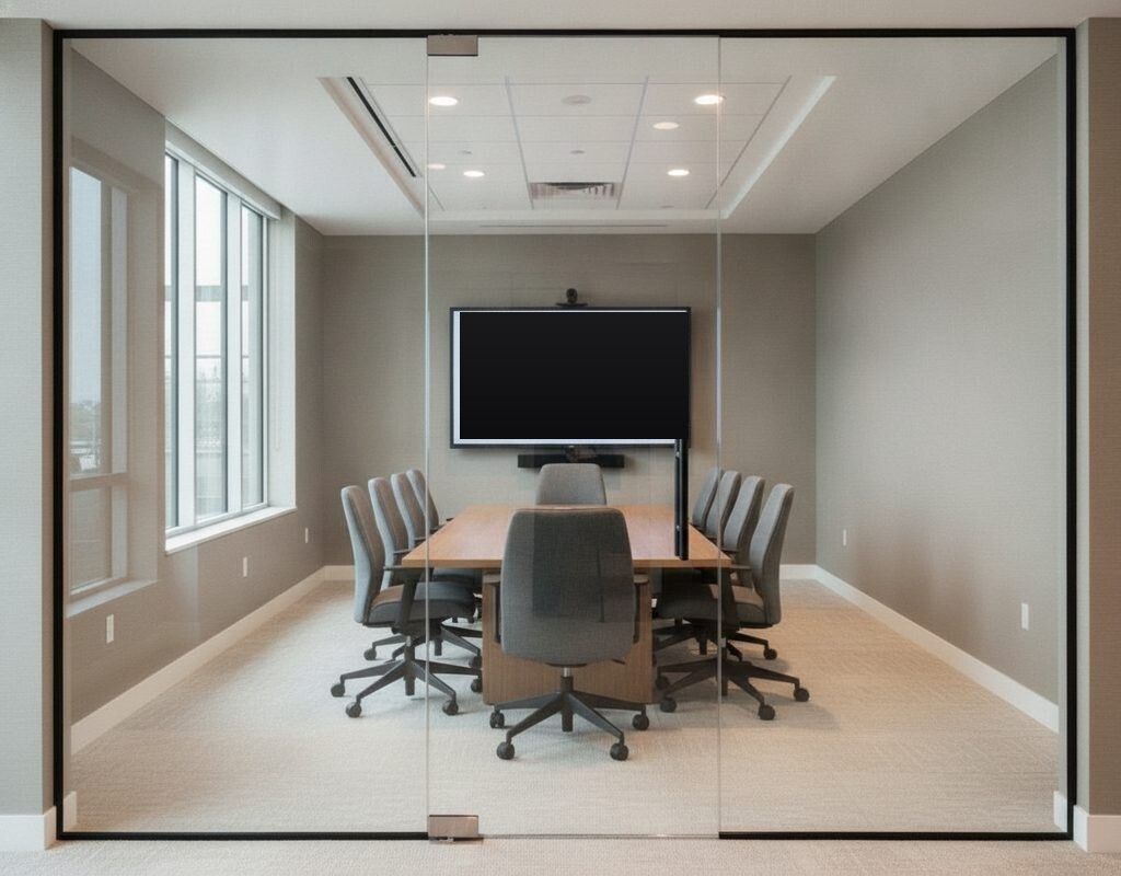 Nano cloaking film making office monitors appear black from a corridor in Bellevue, Washington