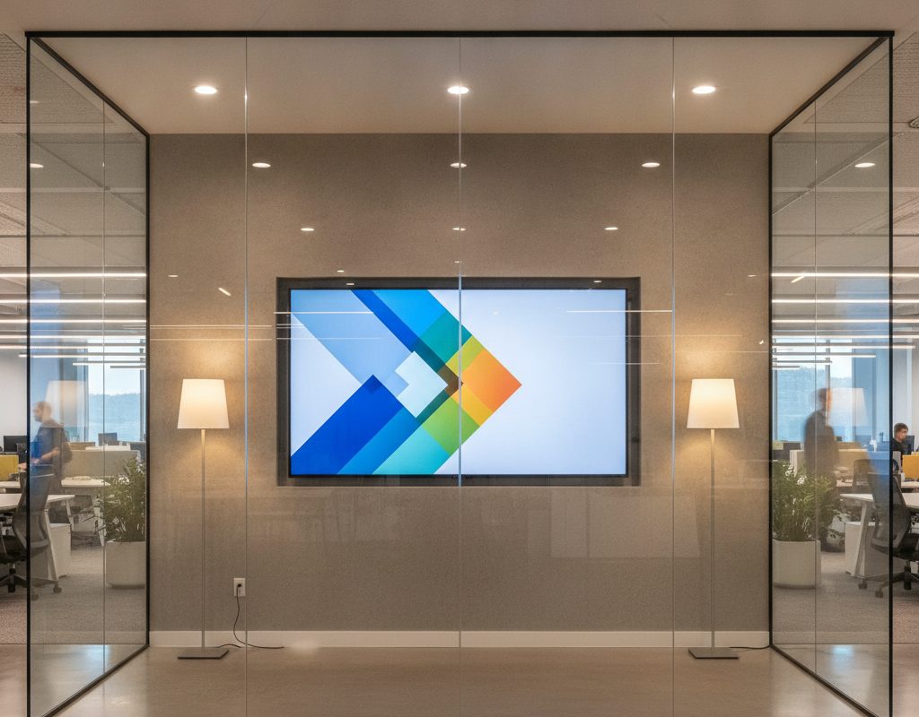 Office monitors fully readable inside a Bellevue, Washington meeting room treated with nano cloaking film
