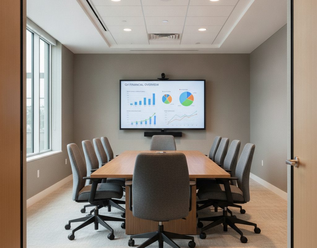 Office monitors fully readable inside a Bellevue, Washington meeting room treated with nano cloaking film