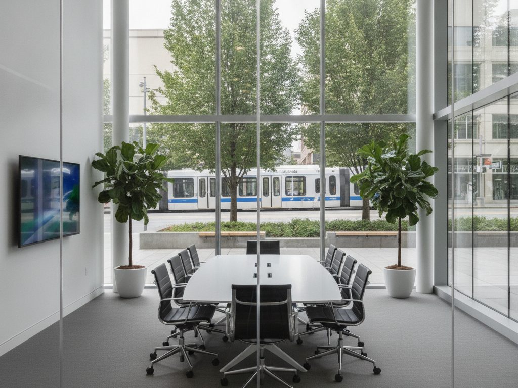 Clear glass consultation room wall in a Bellevue, Washington clinic before privacy film