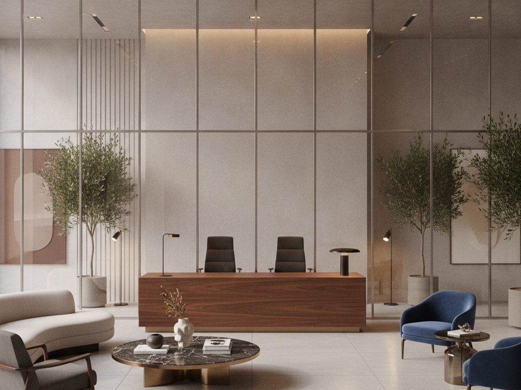 Clear glass office fronts in a Bethesda, Maryland office tower before decorative film