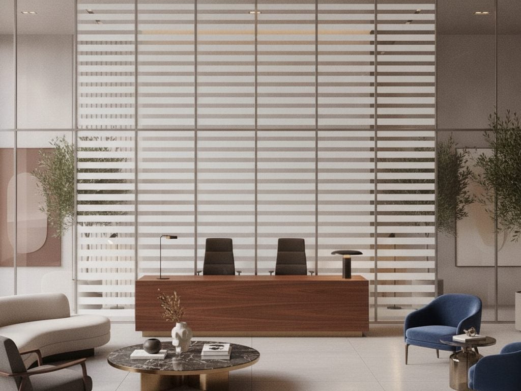 Frosted bands and gradient decorative film on glass office fronts in a Bethesda, Maryland office tower