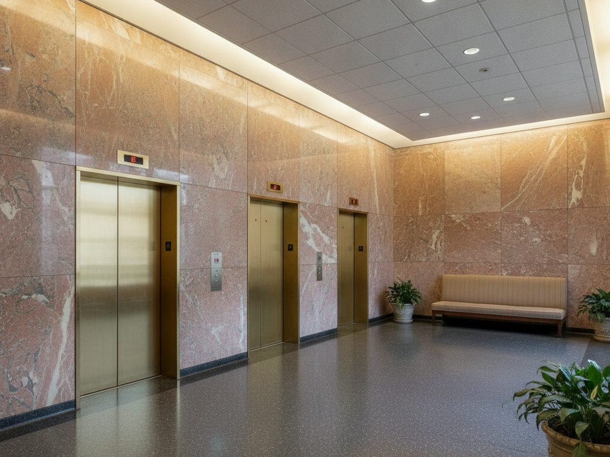 Scuffed front desk in a Bethesda, MD office before 3M DI-NOC architectural film