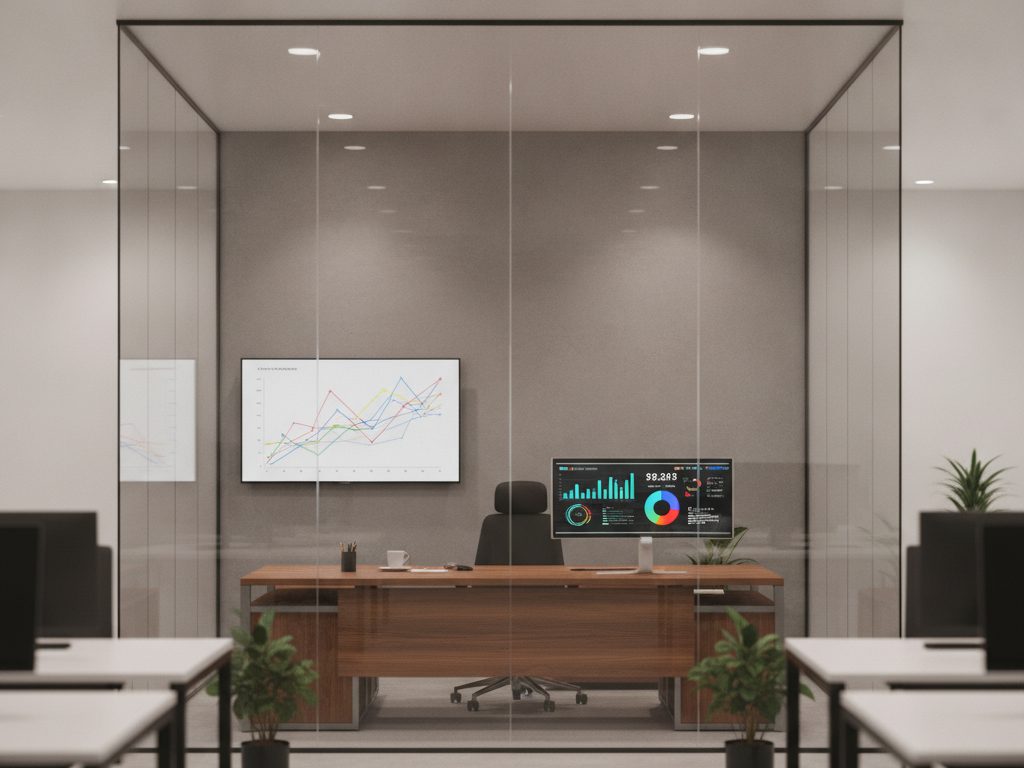 Before: screens inside a glass-walled office are readable from outside