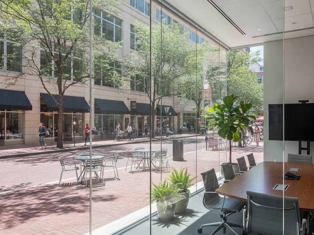 Clear glass partition in a Bethesda, Maryland medical office before privacy film