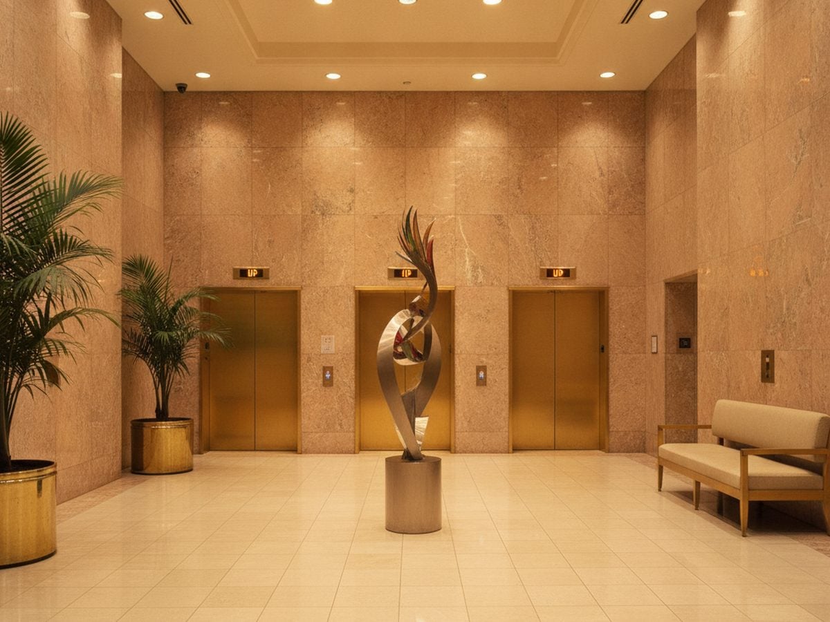 Dated elevator lobby wall panels before 3M DI-NOC architectural film in Beverly Hills, CA