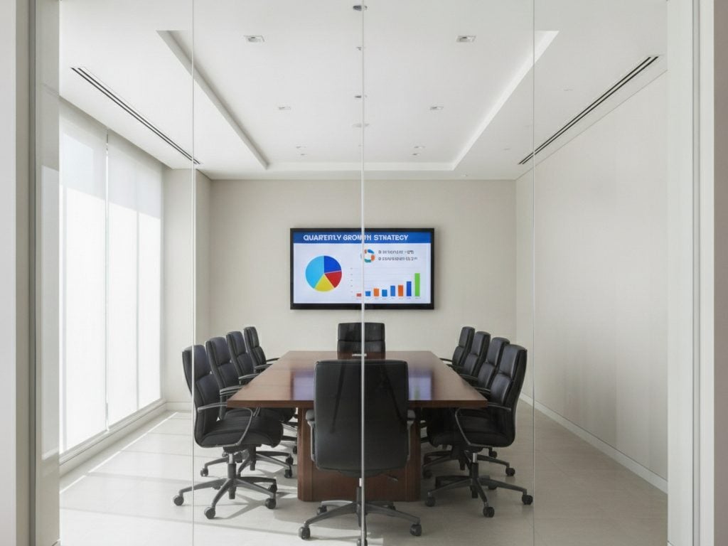 Before: screens inside a glass-walled office are readable from outside