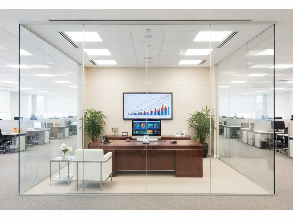 Before: screens inside a glass-walled office are readable from outside