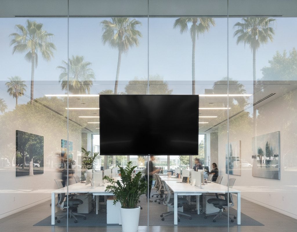 Nano cloaking film making conference room screens appear black from a Beverly Hills office corridor