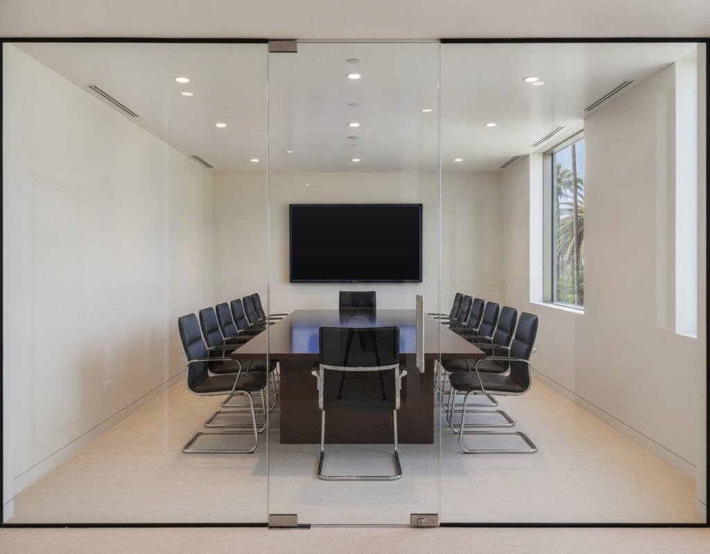 Nano cloaking film making conference room screens appear black from a Beverly Hills office corridor